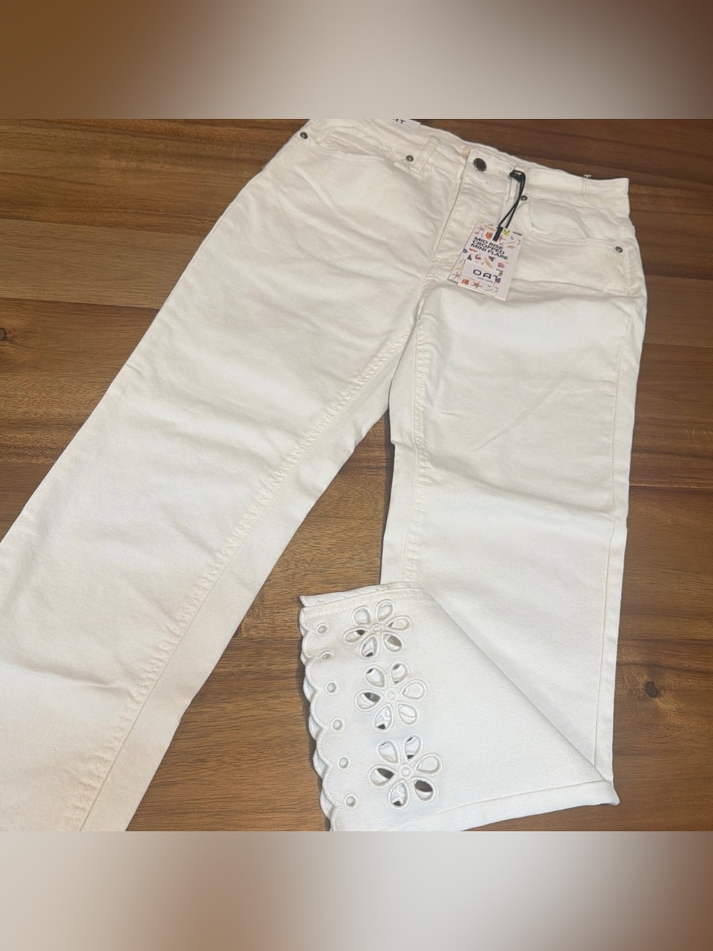 White Women's Jeans with Scalloped Eyelet Hem